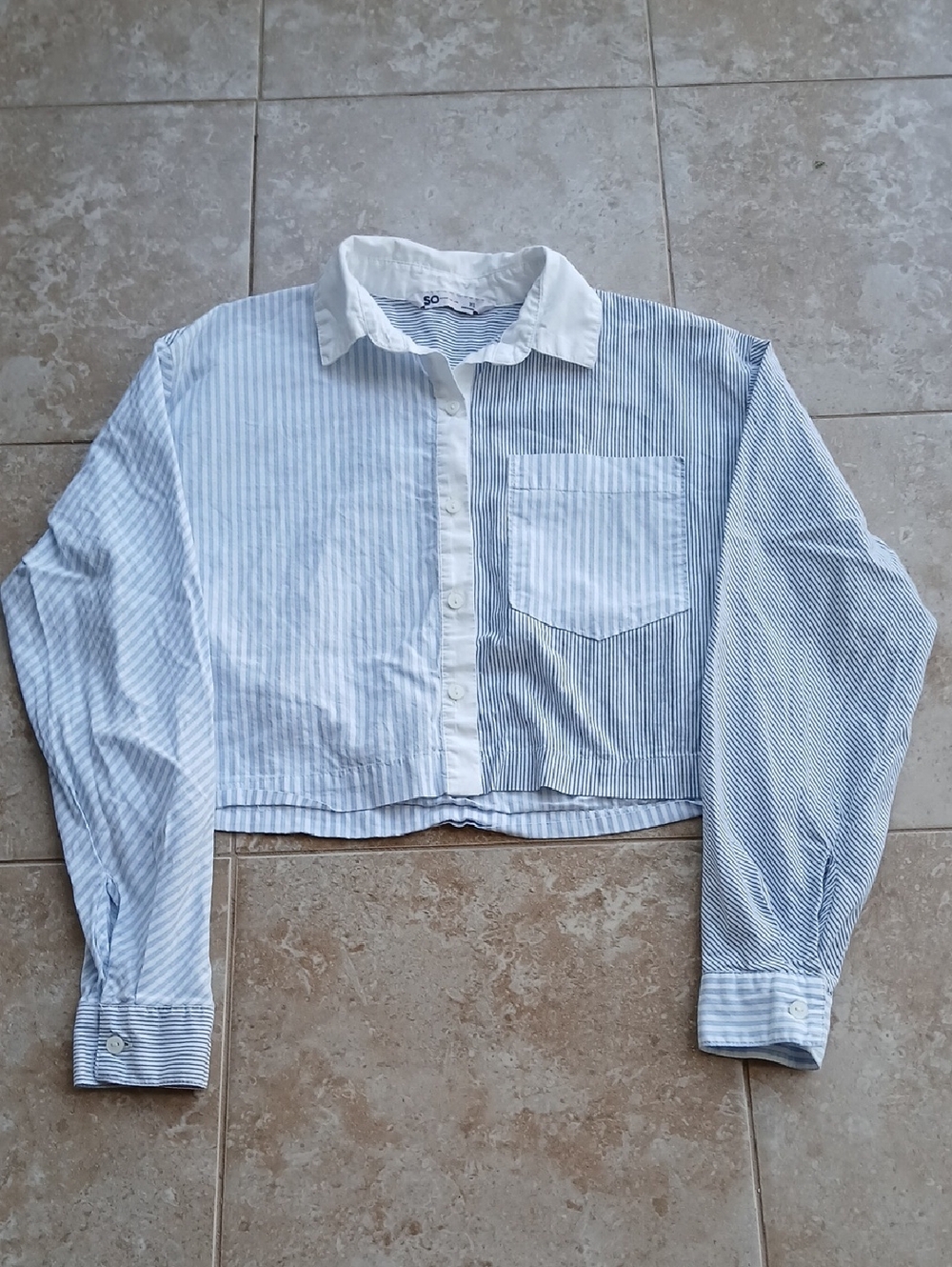 SO White Collar Striped Button Down Midriff Shirt